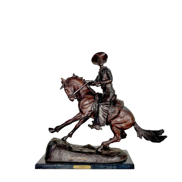 Cowboy riding Horse Bronze Statue on Marble Base by Remington